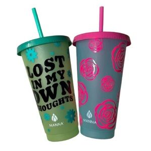 🆕 2-Pack 24oz Manna Color Changing Reusable Plastic Tumbler Cup with Lid Straw